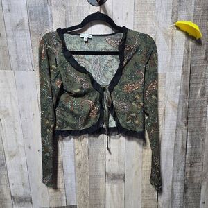 Earthbound Trading Company Green Paisley Crop Tie Cardigan Hippie Boho Indie